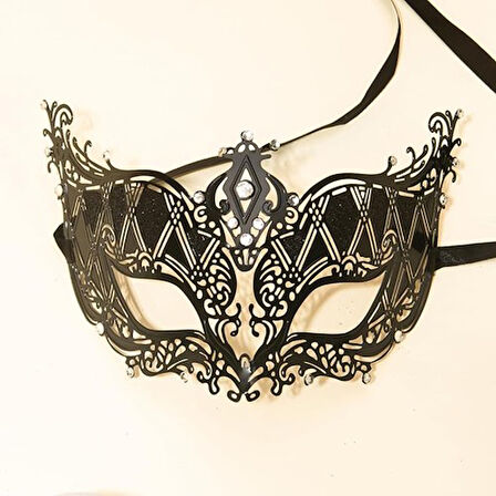Kapamarka Kristal Gümüş Taşlı Siyah Lazer Kesim Metal Lüks Maske