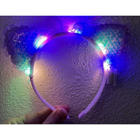 Kapamarka Mor Pullu Led Işıklı Kedi Kulak Taç