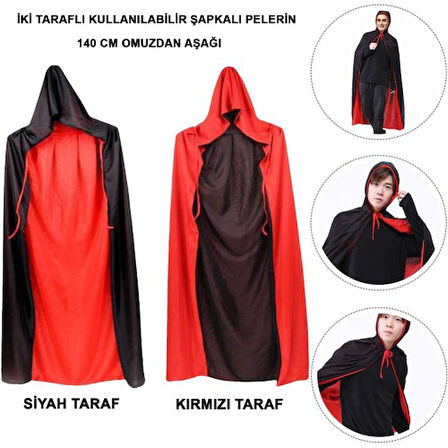 Kapamarka Siyah Kırmızı Çift Taraflı Kapişonlu Pelerin