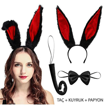 Kapamarka Siyah Kırmızı Peluş Tavşan Kulak Seti Yetişkin Boy