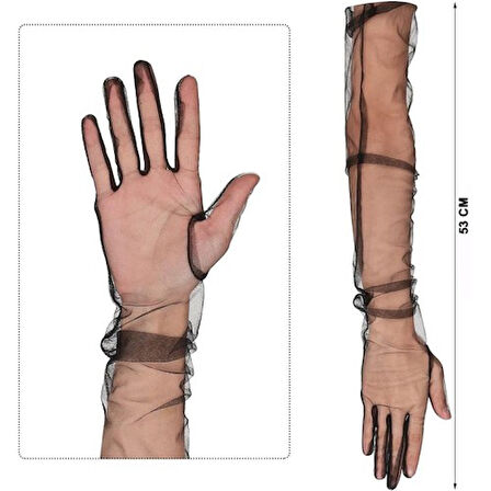 Kapamarka Uzun Boy Likralı Siyah Yetişkin Mega Tül Eldiven