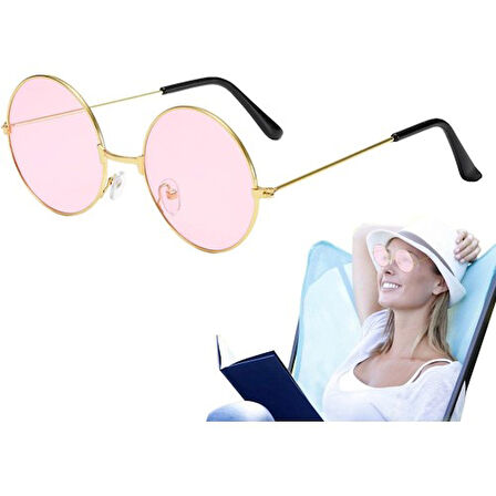 Kapamarka Yuvarlak Cam John Lennon Tarzı Gold Pembe Gözlük