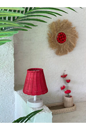 Kırmızı Rattan & Bambu Masa Üstü Kablosuz Pilli Abajur Masa Lambası Alt Ayak Beyaz