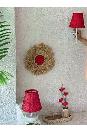 Kırmızı Rattan & Bambu Masa Üstü Kablosuz Pilli Abajur Masa Lambası Alt Ayak Beyaz