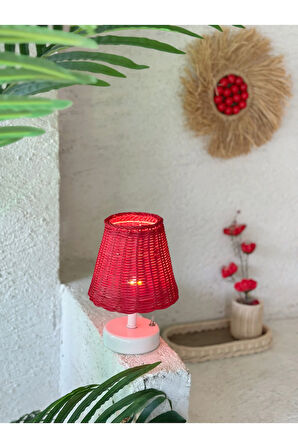 Kırmızı Rattan & Bambu Masa Üstü Kablosuz Pilli Abajur Masa Lambası Alt Ayak Beyaz