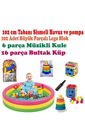 Çocuk Oyun Havuzu Top Havuzu Seti 102x25 Tabanı Şişmeli Havuz 102 Adet Lego Müzikli Kule Pompa