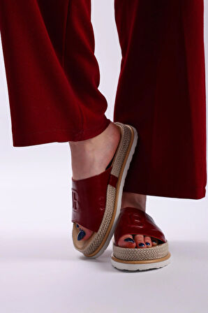 Kadın Hakiki Deri Bordo Rugan Renk Eva Taban Ortopedik Günlük Terlik