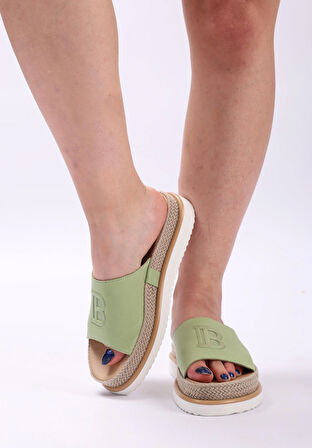 Kadın Hakiki Deri Su Yeşili Renk Eva Taban Ortopedik Günlük Terlik