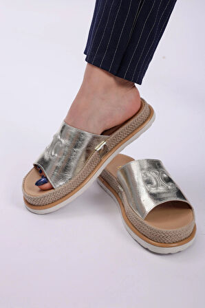 Kadın Hakiki Deri Altın Renk Eva Taban Ortopedik Günlük Terlik