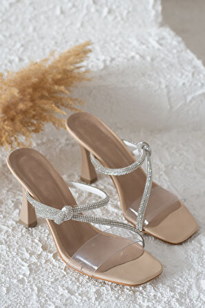 Günlük Kadın Terlik Çift Parlak Şeritli Tokalı Kalın Topuklu Şeffaf Bantlı Abiye Ayakkabı 103