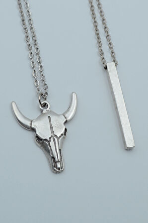 2'li Buffalo Boğa Çubuk Bar Gümüş Kaplama Kolye Seti