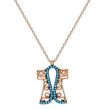 Turkuaz Taşlı Gold Renk Kaftan Tasarım 925 Ayar Gümüş Kadın Kolye