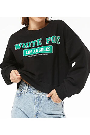 Kadın White Fox Baskılı Kısa Sweatshirt