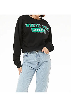 Kadın White Fox Baskılı Kısa Sweatshirt