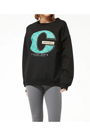 Kadın Sıfır Yaka Baskılı Oversize Sweatshirt