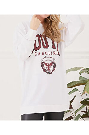Kadın Sıfır Yaka Baskılı Oversize Sweatshirt