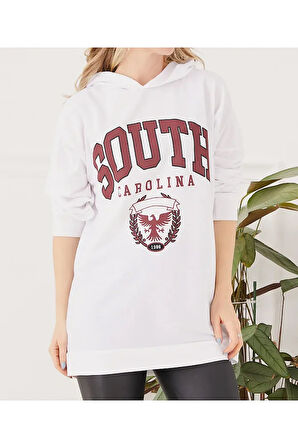 Kadın Sıfır Yaka Baskılı Oversize Sweatshirt