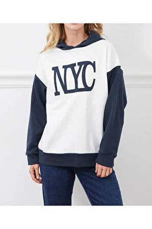 Kadın Baskılı Kapüşonlu Nyc Baskılı Oversize Üç İplik Sweat