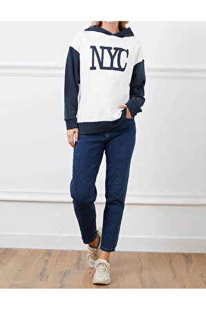 Kadın Baskılı Kapüşonlu Nyc Baskılı Oversize Üç İplik Sweat