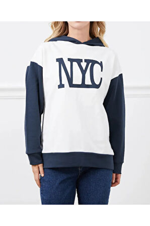 Kadın Baskılı Kapüşonlu Nyc Baskılı Oversize Üç İplik Sweat