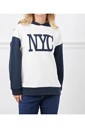 Kadın Baskılı Kapüşonlu Nyc Baskılı Oversize Üç İplik Sweat