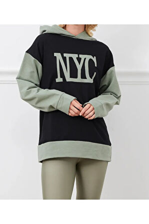 Kadın Baskılı Kapüşonlu Nyc Baskılı Oversize Üç İplik Sweat