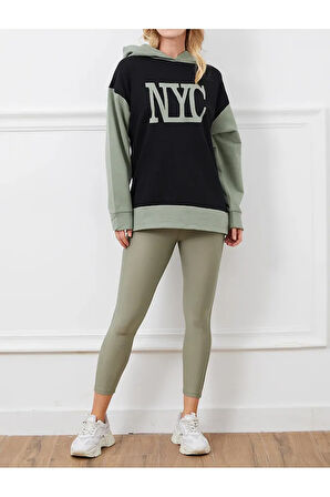 Kadın Baskılı Kapüşonlu Nyc Baskılı Oversize Üç İplik Sweat