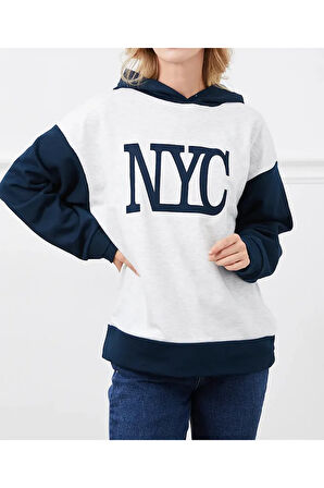 Kadın Baskılı Kapüşonlu Nyc Baskılı Oversize Üç İplik Sweat