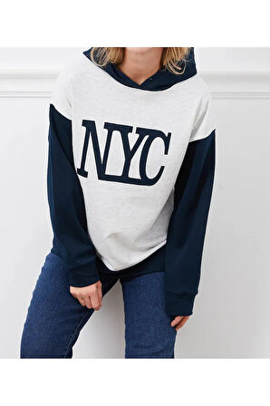 Kadın Baskılı Kapüşonlu Nyc Baskılı Oversize Üç İplik Sweat