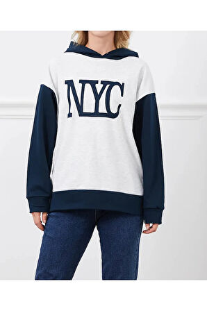 Kadın Baskılı Kapüşonlu Nyc Baskılı Oversize Üç İplik Sweat