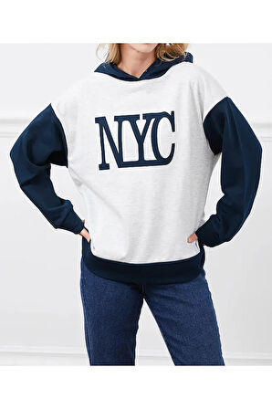 Kadın Baskılı Kapüşonlu Nyc Baskılı Oversize Üç İplik Sweat