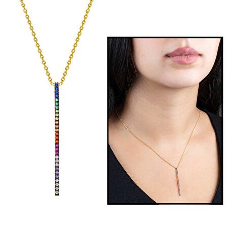 Renkli Zirkon Taşlı Çubuk Tasarım 925 Ayar Gümüş Kadın Kolye