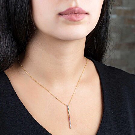 Renkli Zirkon Taşlı Çubuk Tasarım 925 Ayar Gümüş Kadın Kolye