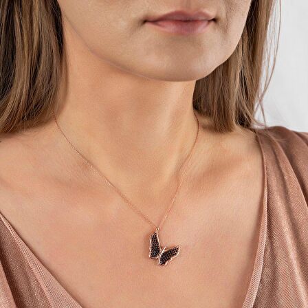 Siyah Zirkon Taşlı Zarif Tasarım Rose Renk 925 Ayar Gümüş Kelebek Kolye