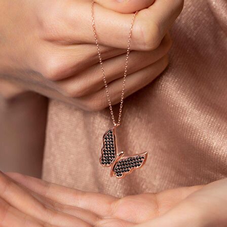 Siyah Zirkon Taşlı Zarif Tasarım Rose Renk 925 Ayar Gümüş Kelebek Kolye