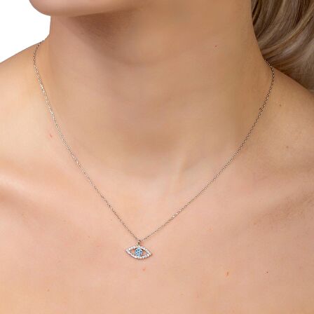 Turkuaz-Beyaz Zirkon Taşlı Göz Tasarım Silver Renk 925 Ayar Gümüş Kadın Kolye