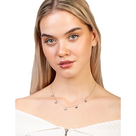 Kelebek Detaylı Silver Renk 925 Ayar Gümüş Kadın Şans Kolyesi