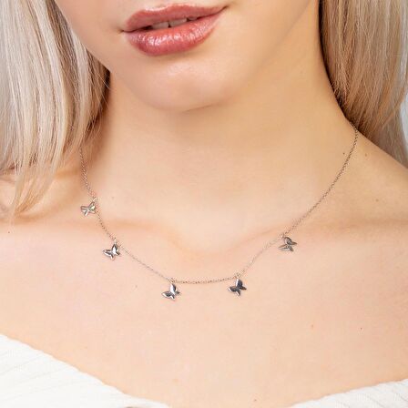 Kelebek Detaylı Silver Renk 925 Ayar Gümüş Kadın Şans Kolyesi