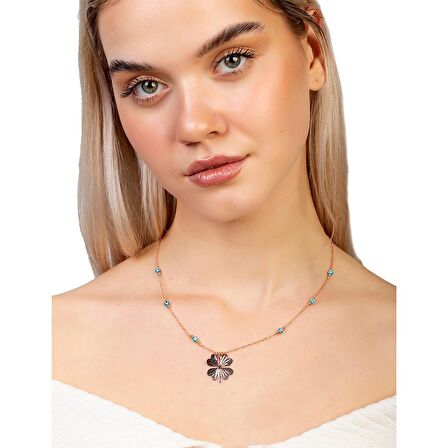 Nazar Boncuğu Detaylı Kır Çiçeği Tasarım Rose Renk 925 Ayar Gümüş Kolye