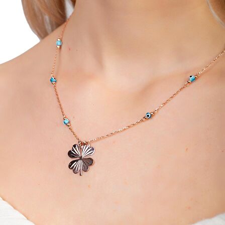 Nazar Boncuğu Detaylı Kır Çiçeği Tasarım Rose Renk 925 Ayar Gümüş Kolye