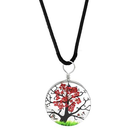 Oval Tasarım Kırmızı Çiçekli Doğa Temalı El Yapımı Natural Reçine Kolye