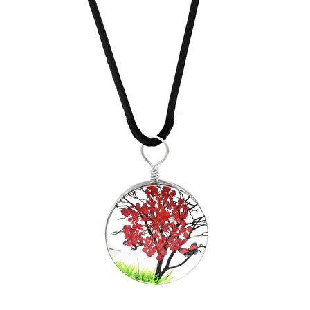 Oval Tasarım Kırmızı Çiçekli Doğa Temalı El Yapımı Natural Reçine Kolye