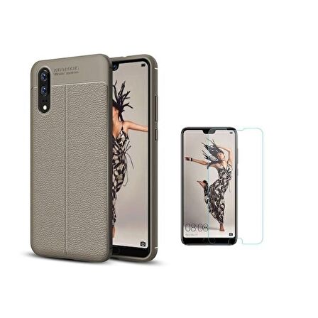Smcase  Huaweı P20 Deri Dokulu Silikon Kılıf  Nano Ekran Koruyucu