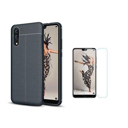 Smcase  Huaweı P20 Deri Dokulu Silikon Kılıf  Nano Ekran Koruyucu