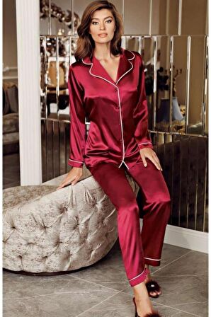 Perin1030 Bordo Saten Yakalı Pijama Takımı