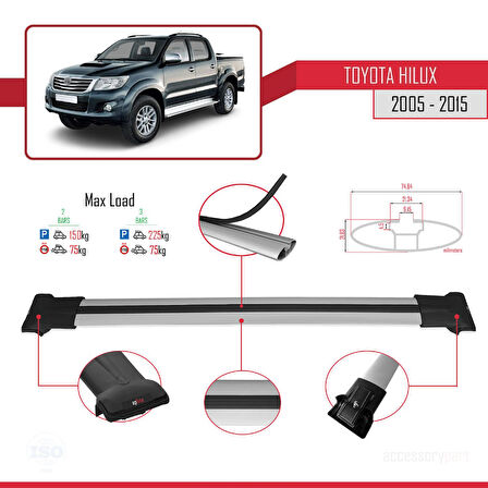 Toyota Hilux 7 (AN30) 2005-2015 Arası ile Uyumlu FLY Model Ara Atkı Tavan Barı Gri 2 Adet