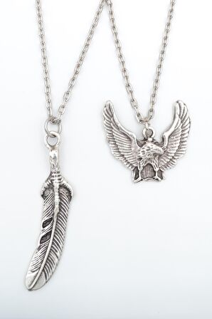 2'li Kuş Tüyü - Kartal Erkek Kadın Kolye Seti 925 Ayar Gümüş Kaplama