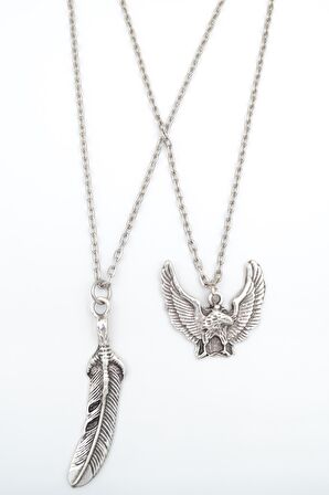 2'li Kuş Tüyü - Kartal Erkek Kadın Kolye Seti 925 Ayar Gümüş Kaplama