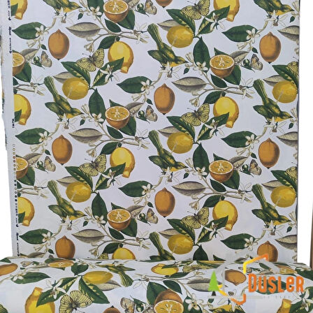 Limon ve Limon Çiçeği Desenli Su ve Leke İtici Panama Keteni Duck Kumaş Bezi 100x180