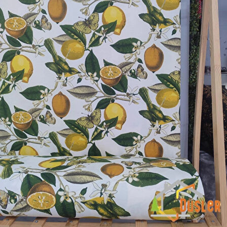 Limon ve Limon Çiçeği Desenli Su ve Leke İtici Panama Keteni Duck Kumaş Bezi 100x180